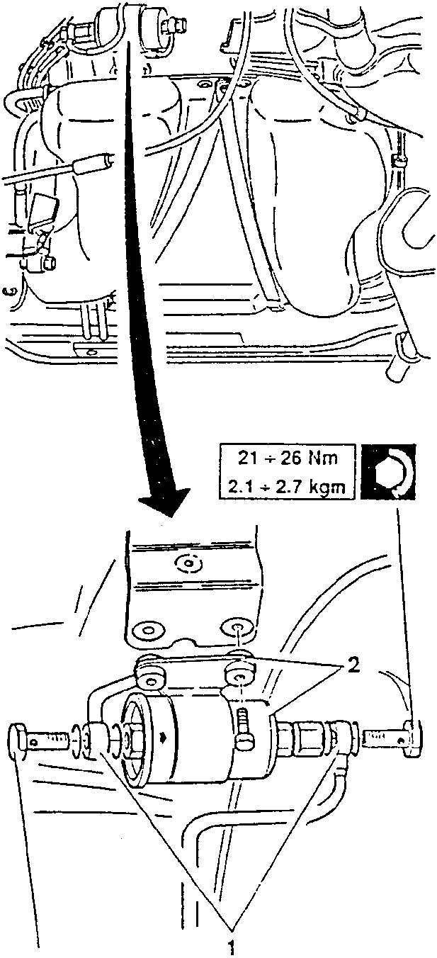 Close-up of fuel filter with torque specifications: 21 ÷ 26 Nm and 2.1 ÷ 2.7 kgm, and another specification below: 30 ÷ 37 Nm and 3.1 ÷ 3.8 kgm