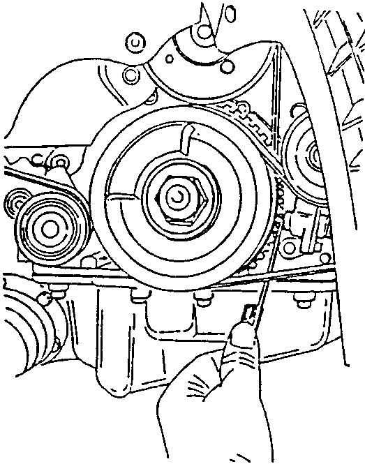 Diagram showing a hand using a feeler gauge to check the gap between the sensor and phonic wheel on an engine timing belt assembly.
