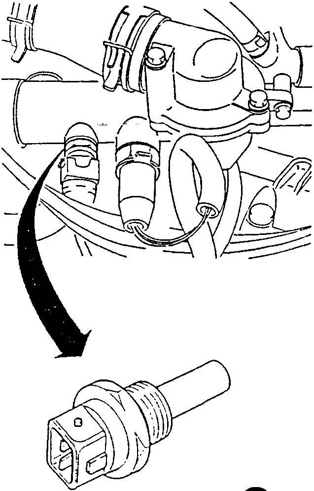 Diagram showing the engine coolant temperature sensor being removed from its mounting location, with a close-up view of the sensor's connector.