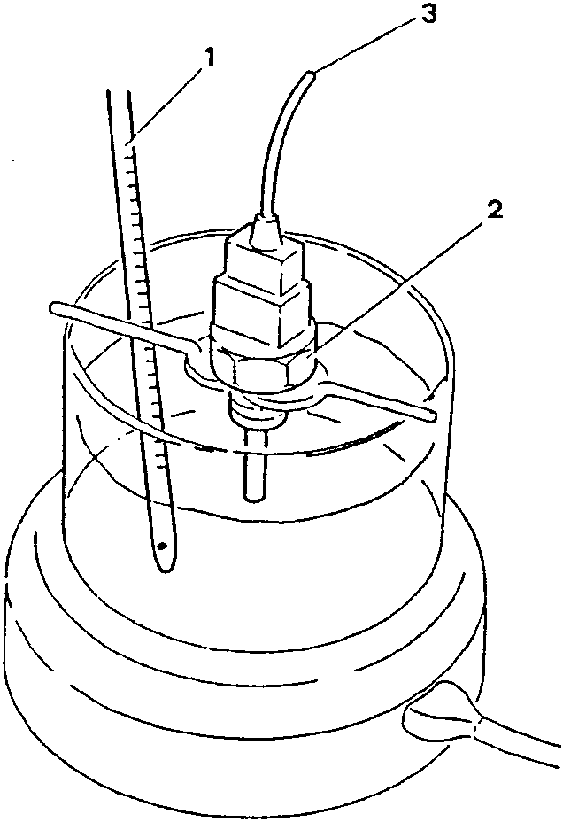 Diagram showing a thermometer, engine coolant temperature sensor, and multimeter in a container of water.