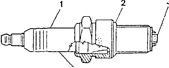 Spark plug cross-section showing ceramic, gasket and electrode