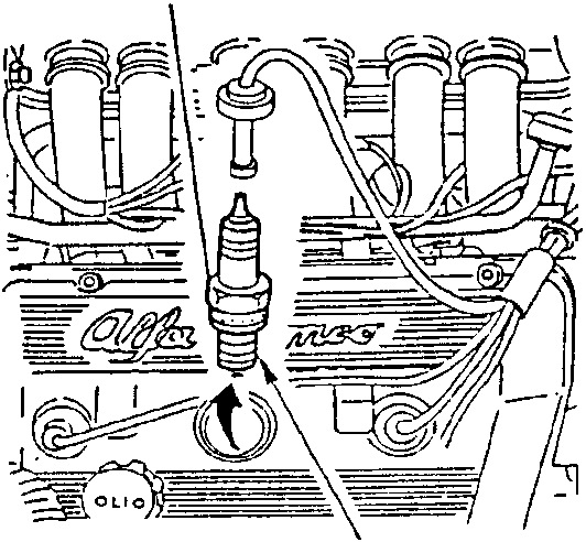 Engine diagram showing spark plug installation with torque specification