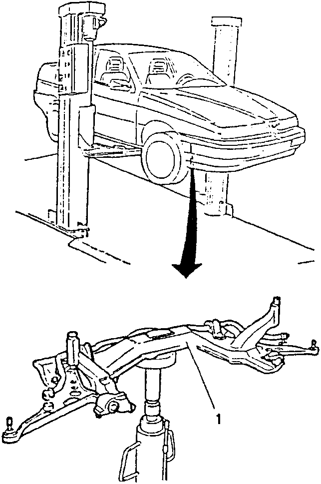 Diagram showing car on lift with crossmember and oscillating arms being removed, part labeled 1