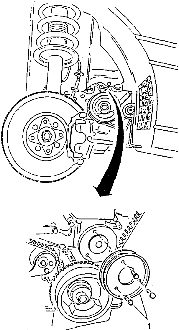Diagram showing water pump pulley removal with arrow indicating direction of removal
