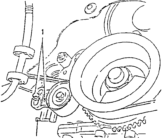 Diagram showing water pump alternator drive belt tensioner guide pulley with two screws labeled 1 and 2