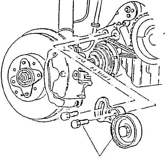 Diagram showing water pump alternator drive belt tensioner guide pulley removed, revealing engine components