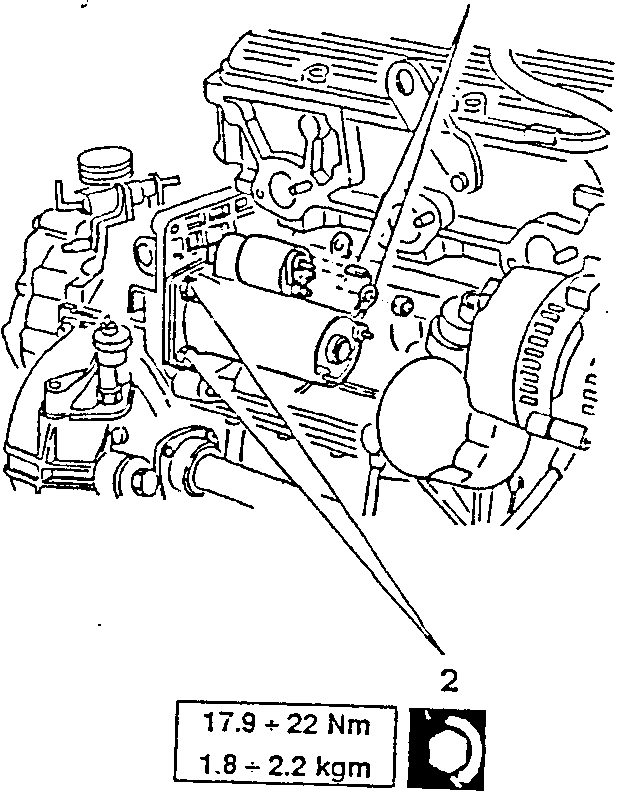 Diagram showing starter motor removal with torque specification