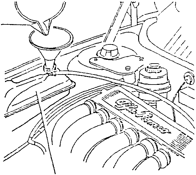 Diagram showing engine with expansion tank and funnel pouring liquid into it