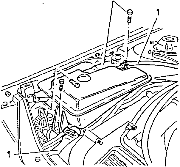 Engine bay view showing expansion tank location with numbered callouts.