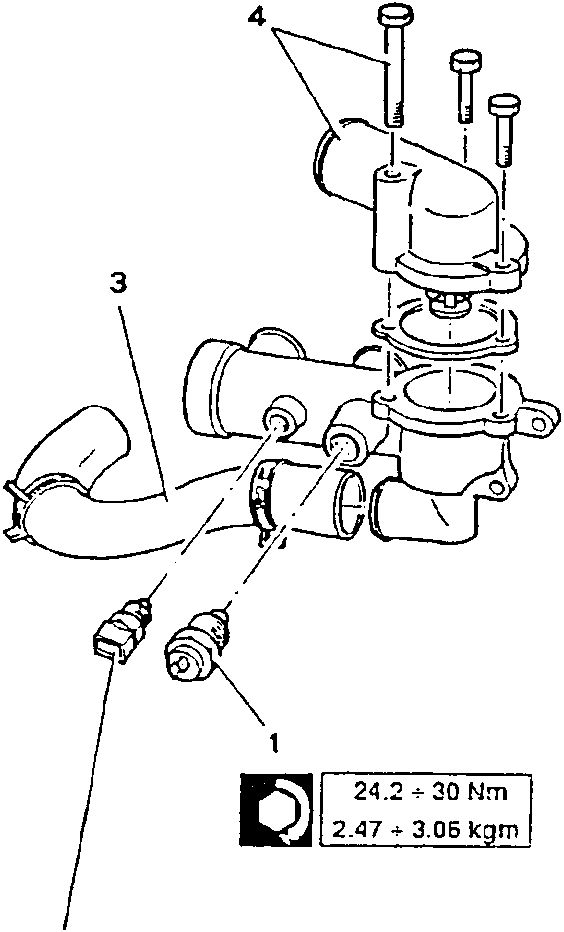Thermostat unit with labeled parts 1, 2, 3, 4 and torque specifications