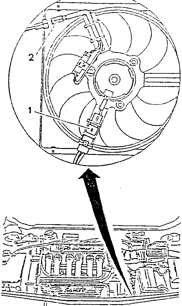 Diagram showing electric cooling fan with numbered parts and arrow pointing to it