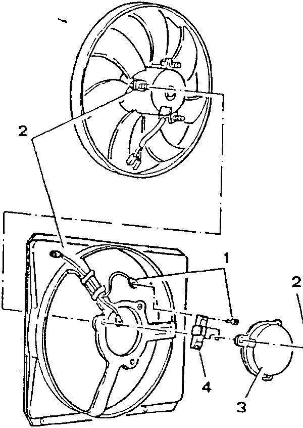 Electric cooling fan assembly diagram showing fan, conveyor, dustguard, and additional resistance with numbered parts 1, 2, 3, 4.