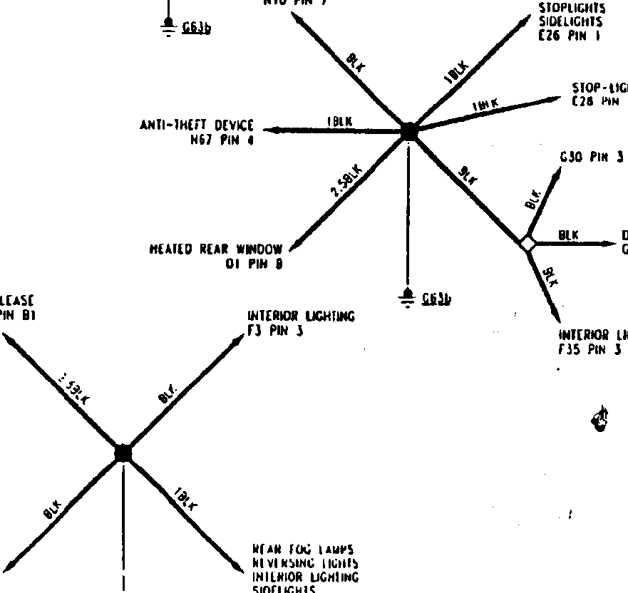 Diagram showing ground connections for interior lighting, direction indicators, anti-theft device, heated rear window, boot release, and other components.