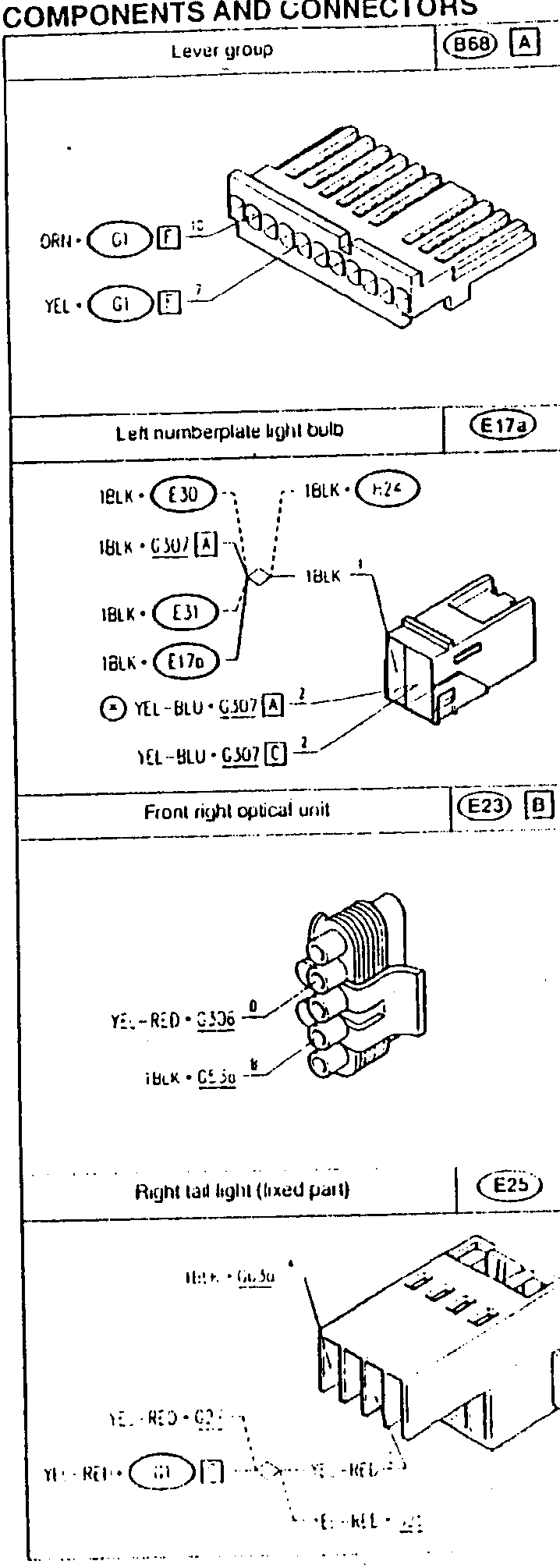 Wiring diagram for vehicle lighting components and connectors