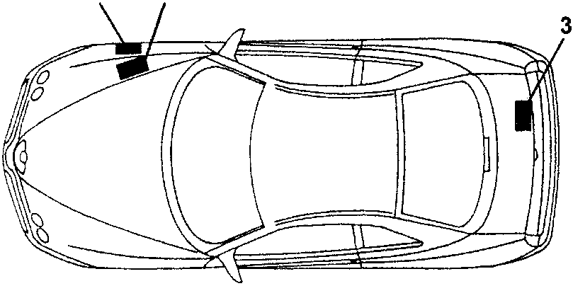 Top view of the car showing identification plate locations 1, 2 and 3