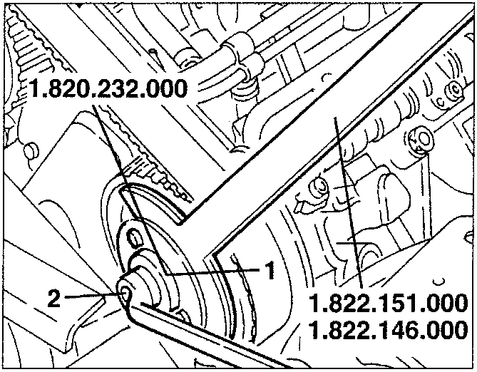 Timing pulley assembly with tools 1.820.232.000, 1.822.151.000, and 1.822.146.000