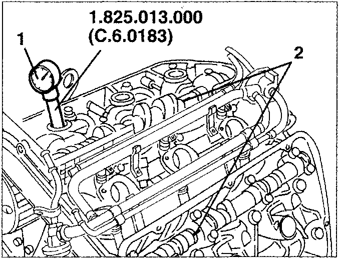 Engine diagram showing tool installation and camshaft alignment