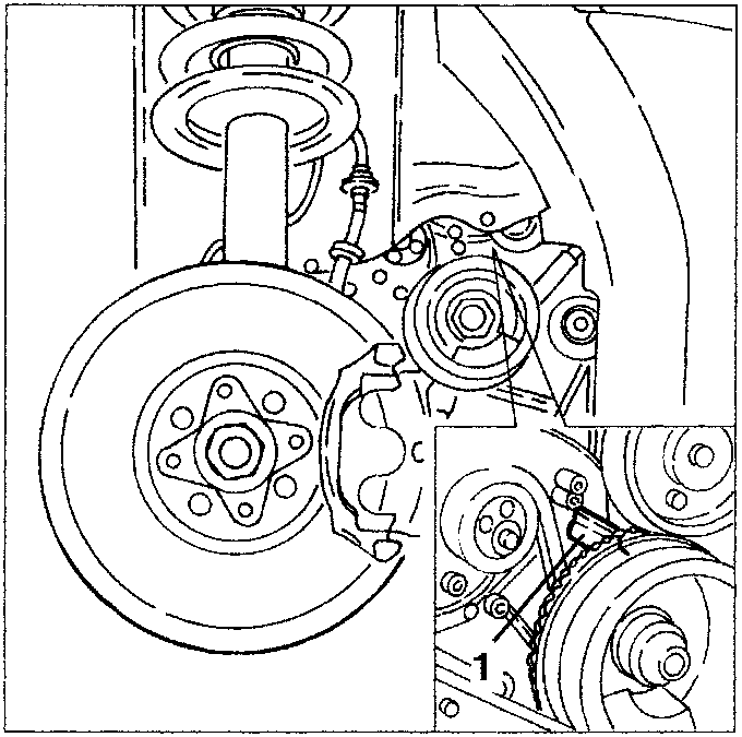 Timing belt tensioner adjustment diagram showing pulleys, belt, and alignment marks