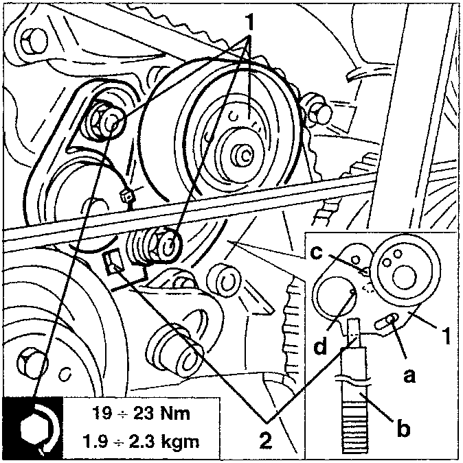Timing belt tensioner adjustment diagram showing pulleys, belt, and alignment marks