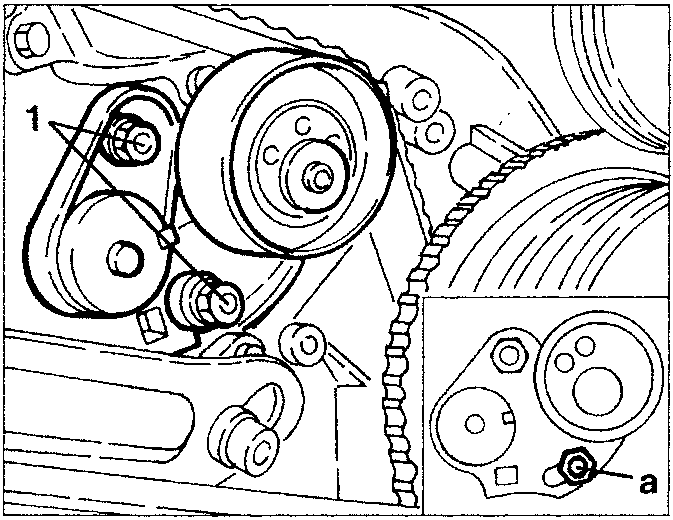 Timing belt tensioner installation diagram showing pulleys, belt, and alignment marks