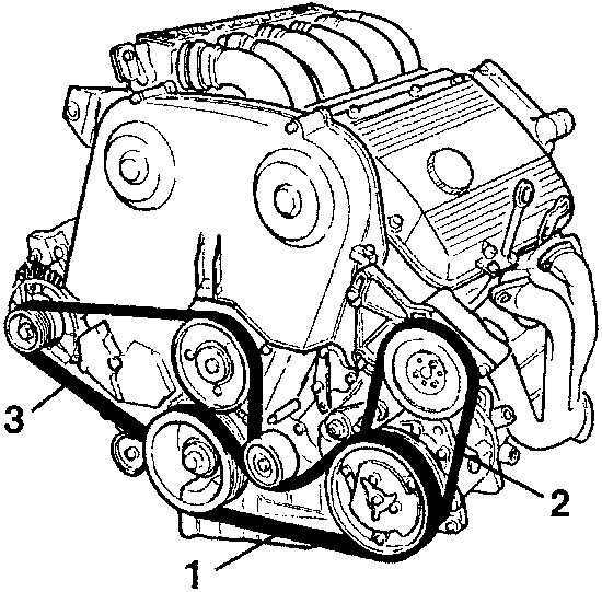 Auxiliary component belts diagram showing compressor, power steering pump, and alternator water pump driving belts