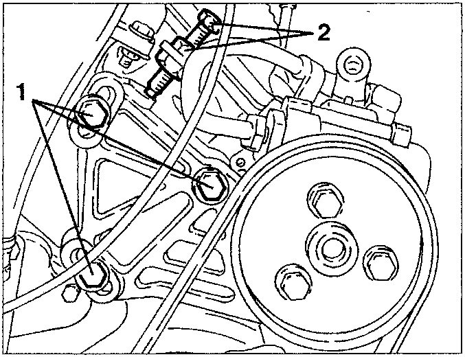 Power steering pump drive belt tensioning diagram showing components 1 and 2.