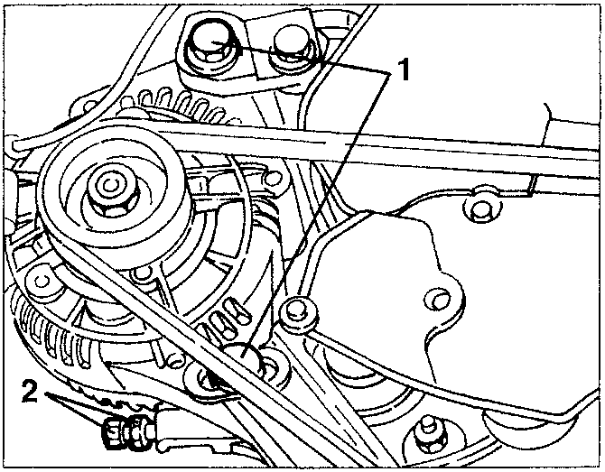 Alternator and water pump drive belt tensioning diagram showing components 1 and 2.