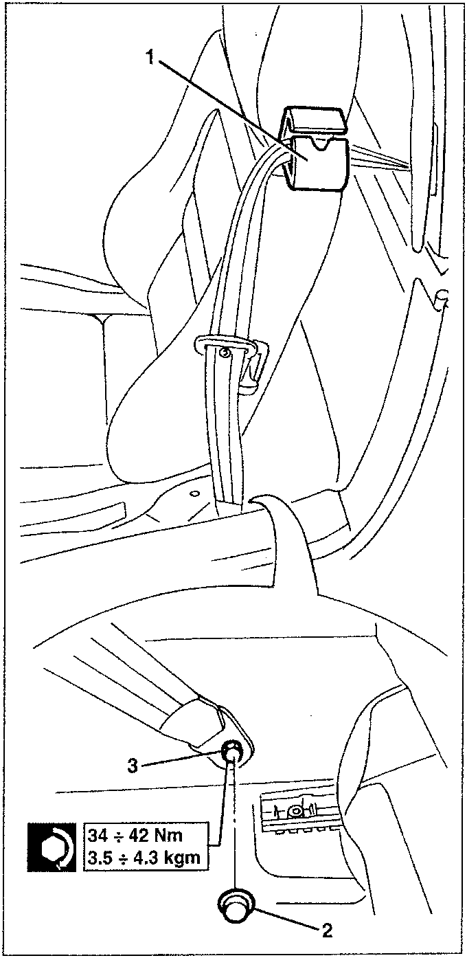 Diagram showing seat belt components with numbered parts: 1. Belt loop, 2. Lower fastening screw, 3. Plastic cap