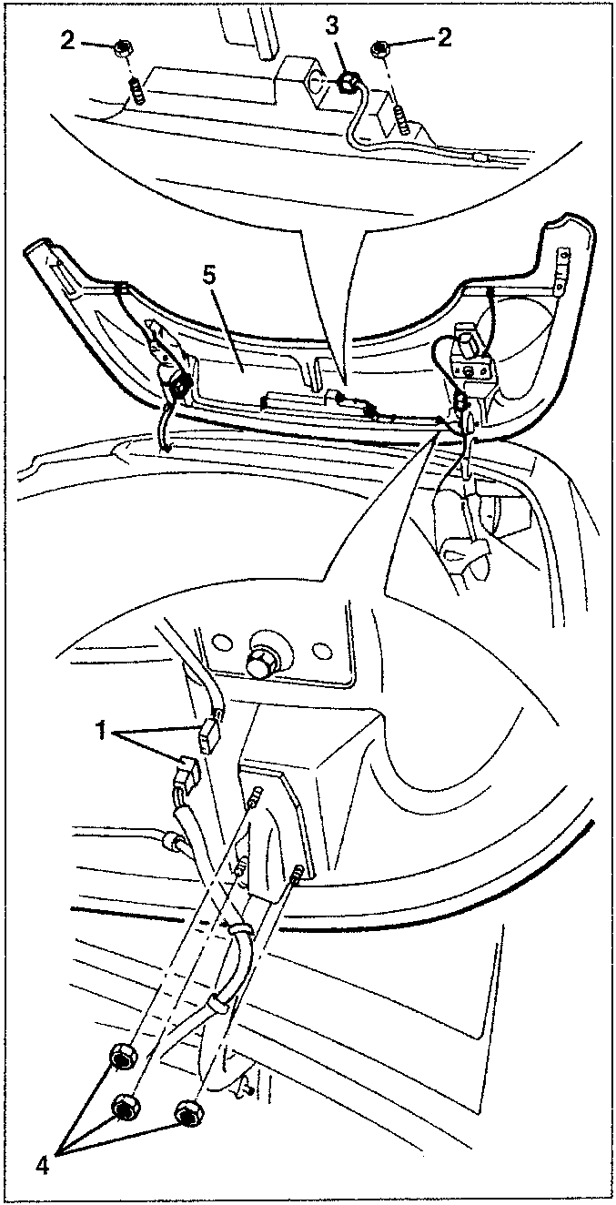 Diagram showing hood compartment lid removal with labeled parts 1, 2, 3, 4, 5.