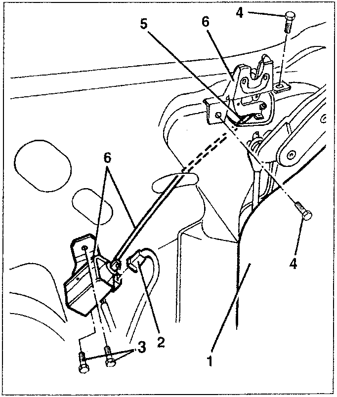 Diagram showing hood lid opening device with numbered parts