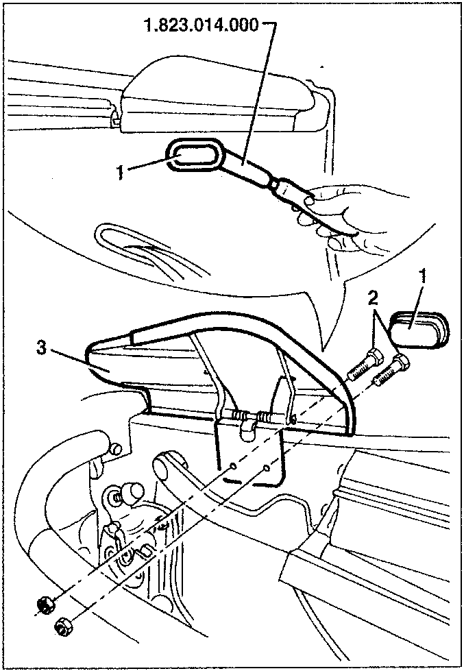 Illustration showing removal of hood compartment upper trim panel with tool 1.823.014.000 and screws 2 and 3.