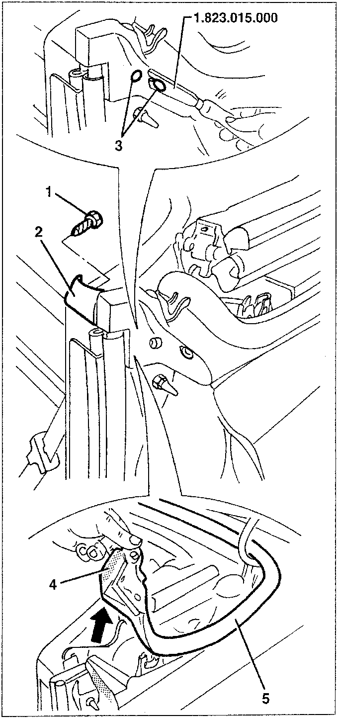Illustration showing removal of hood lid seal with tool 1.823.015.000, screws 1 and 2, fastening caps 3, bi-adhesive edge 4, and seal 5.
