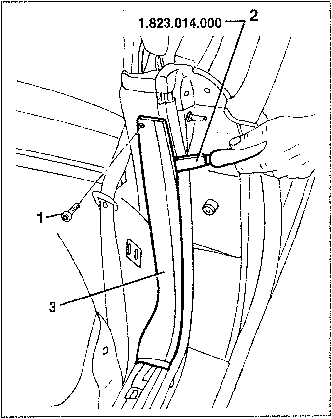 Diagram showing use of tool 1.823.014.000 to prise open four squares on a door surround vertical plate, labeled parts 1, 2, and 3