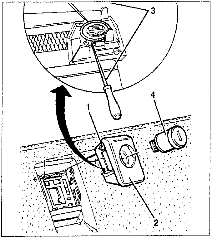 Diagram showing removal of lock with screwdriver and punches, labeled parts 1, 2, 3, and 4