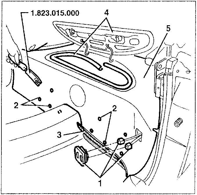 Interior trim removal diagram showing numbered parts 1, 2, 3, 4, 5. Part 1 is a plastic pin, part 2 are brackets, part 3 is a seal, part 4 is a switch panel, part 5 is a boot lid latch. Tool 1.823.015.000 is shown being used to prise the pins.