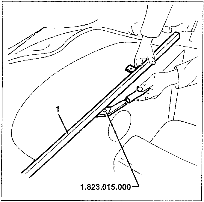 Rear shelf trim removal diagram showing a hand using tool 1.823.015.000 to prise out a long profile (part 1).