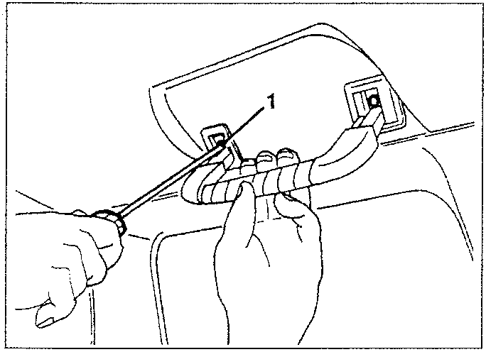 Illustration showing hands using a tool to loosen screws on a grab handle