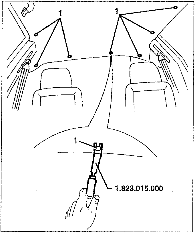 Diagram showing removal of roof lining with tool 1.823.015.000