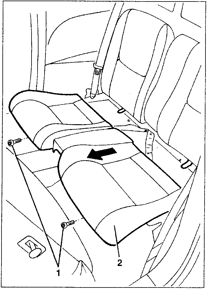 Diagram showing removal of rear bench with screws 1 and hooks 2