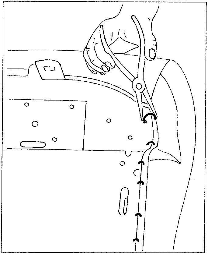 Diagram showing hands using pliers on metal clips
