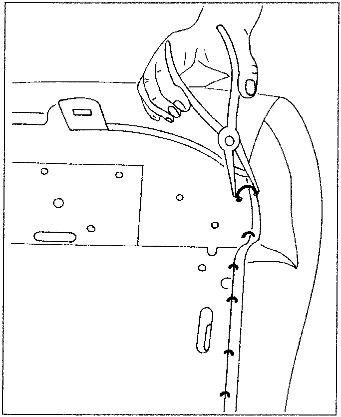 Illustration showing a hand using pliers to adjust metal clips on a car seat back cover.