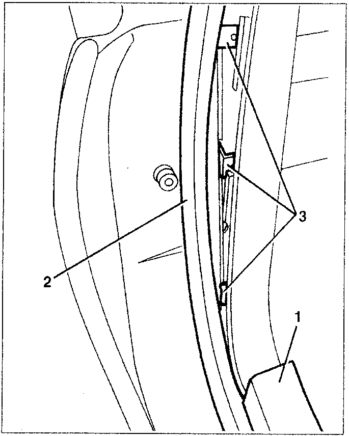 Diagram showing the release of three brackets fastening the front of a side panel.