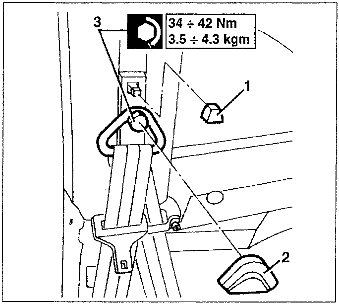 Diagram showing seat belt components with torque specifications