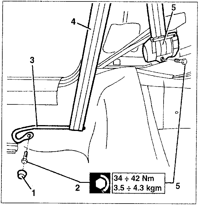 Diagram showing seat belt components with torque specifications.