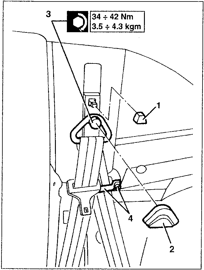 Diagram showing seat belt components with torque specifications.