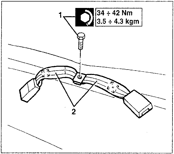 Diagram showing seat belt strap with numbered parts 1 and 2. Torque value shown as 34 ÷ 42 Nm / 3.5 ÷ 4.3 kgm for part 1.
