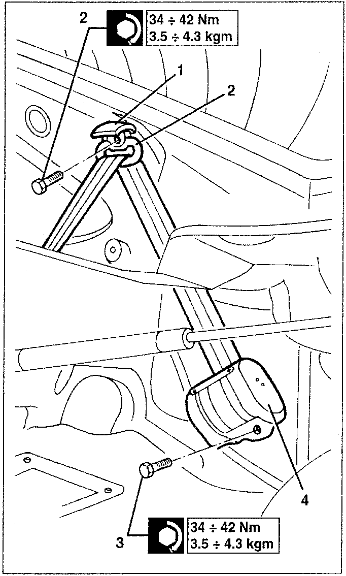 Diagram showing rear seat belt components with numbered parts: 1, 2, 3, 4. Torque values shown as 34 ÷ 42 Nm / 3.5 ÷ 4.3 kgm for each part