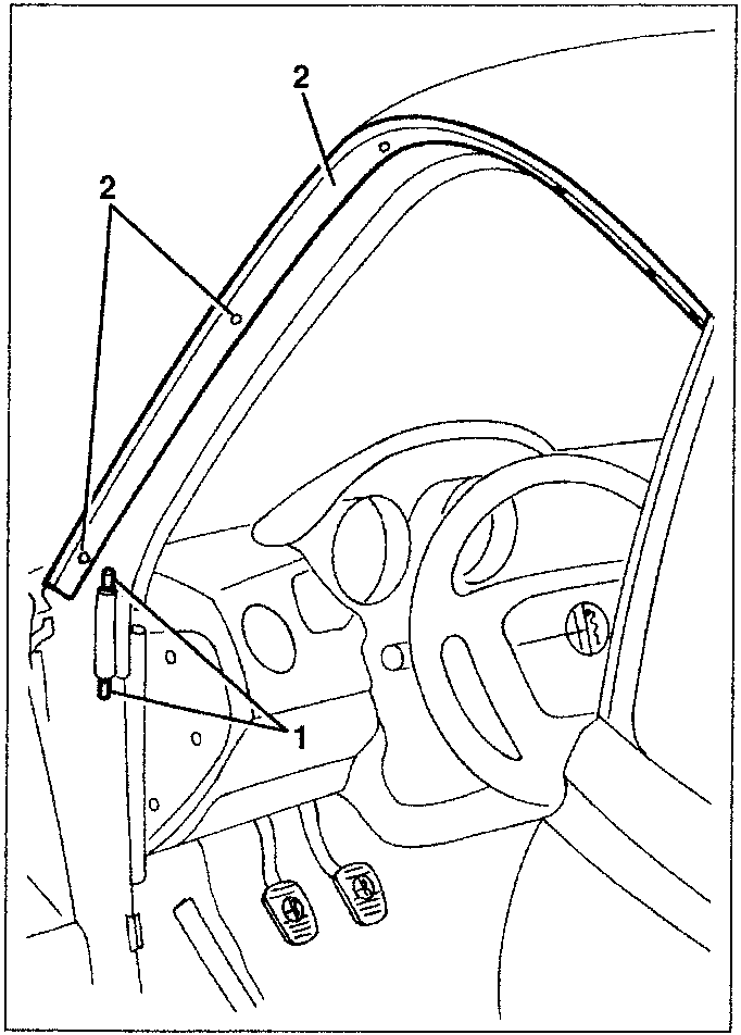 Diagram showing interior trim with numbered parts 1 and 2 indicating components near the door frame and steering wheel area.