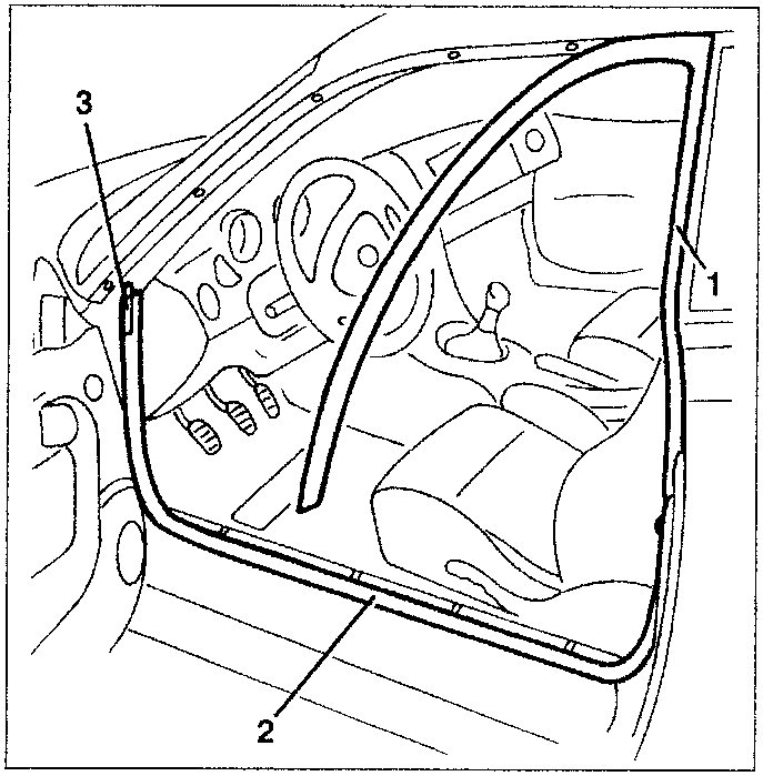 Diagram showing interior trim installation with numbered parts 1, 2, and 3 indicating components around the door frame and dashboard area.
