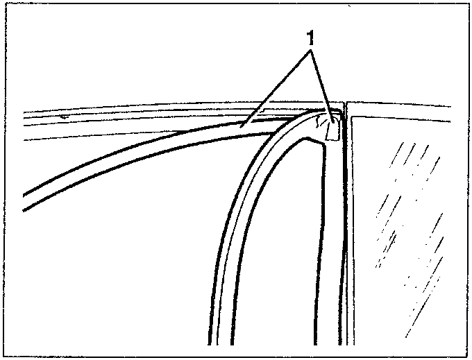 Diagram showing a close-up view of a door seal being fitted at the upper inner edge with part 1 indicated.